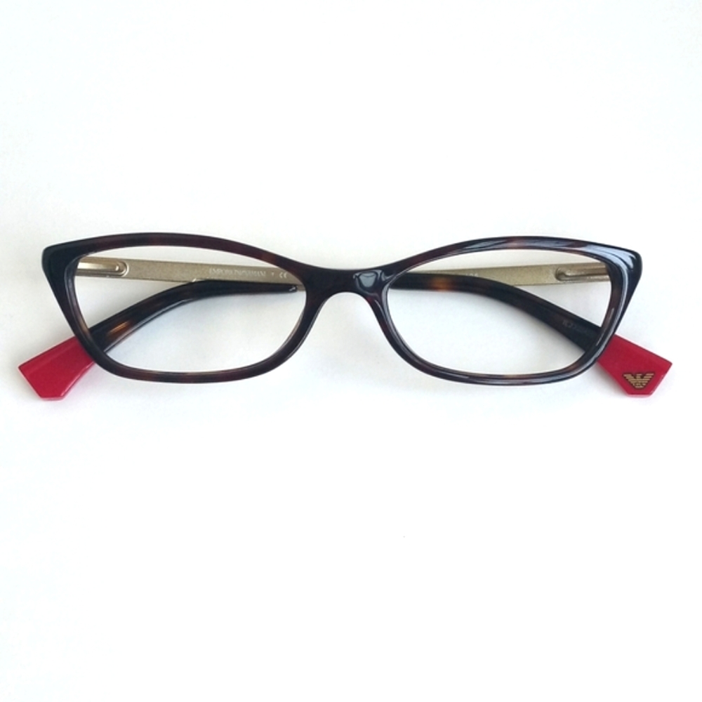 Emporio Armani Tortoise Shell Brown Trim Eye Glass Cat Frames Brass & Red Tips